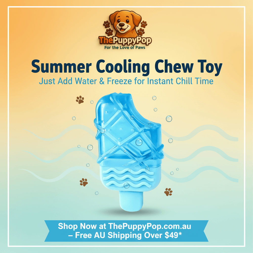 Dog chewing a freezable cooling toy outdoors in summer to stay cool and entertained