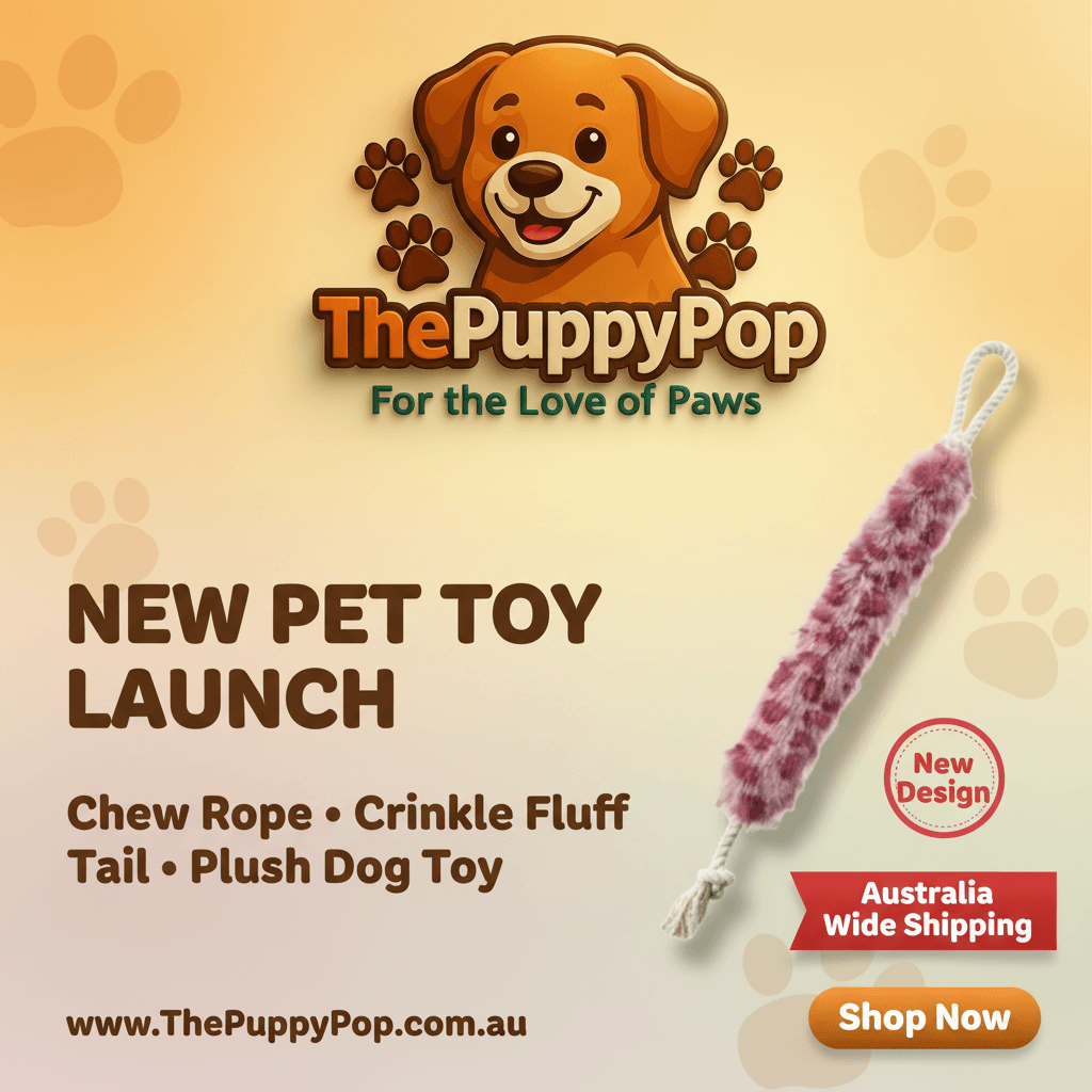 Side view of plush crinkle rope dog toy with fluffy tail from The Puppy Pop AU