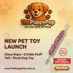 Side view of plush crinkle rope dog toy with fluffy tail from The Puppy Pop AU