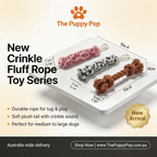 Front view of crinkle plush rope tug dog toy with fluffy tail in Australia