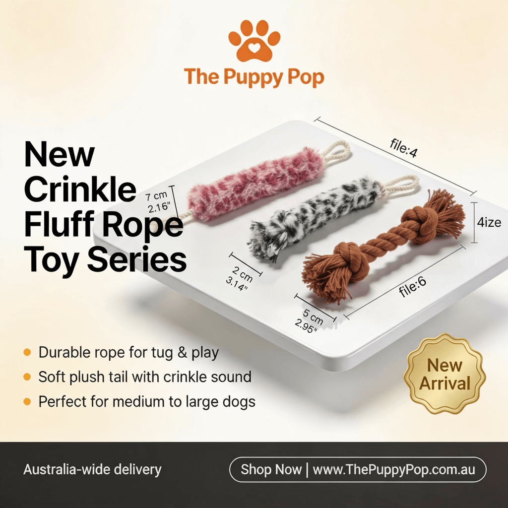 Front view of crinkle plush rope tug dog toy with fluffy tail in Australia