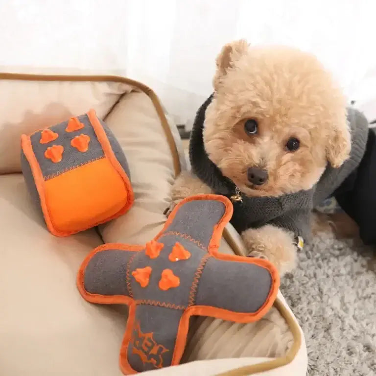 Squeaky dental chew dog toy made with rubber and plush front view
Title: Front View – Squeaky Dental Chew Dog Toy