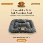 Large grey linen-look dog bed cushion placed on indoor floor