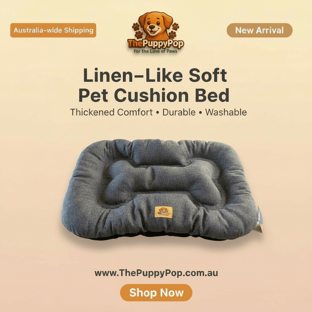 Large grey linen-look dog bed cushion placed on indoor floor