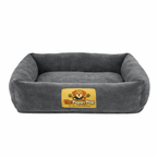Grey large round dog bed with circle pile fabric, raised rim and anti-slip base for stable comfort on tiles or timber floors.