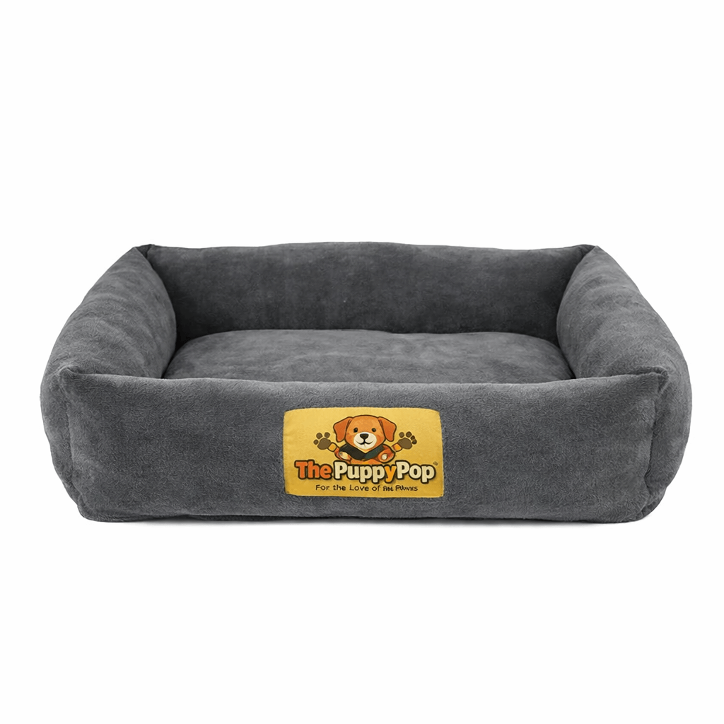 Grey large round dog bed with circle pile fabric, raised rim and anti-slip base for stable comfort on tiles or timber floors.
