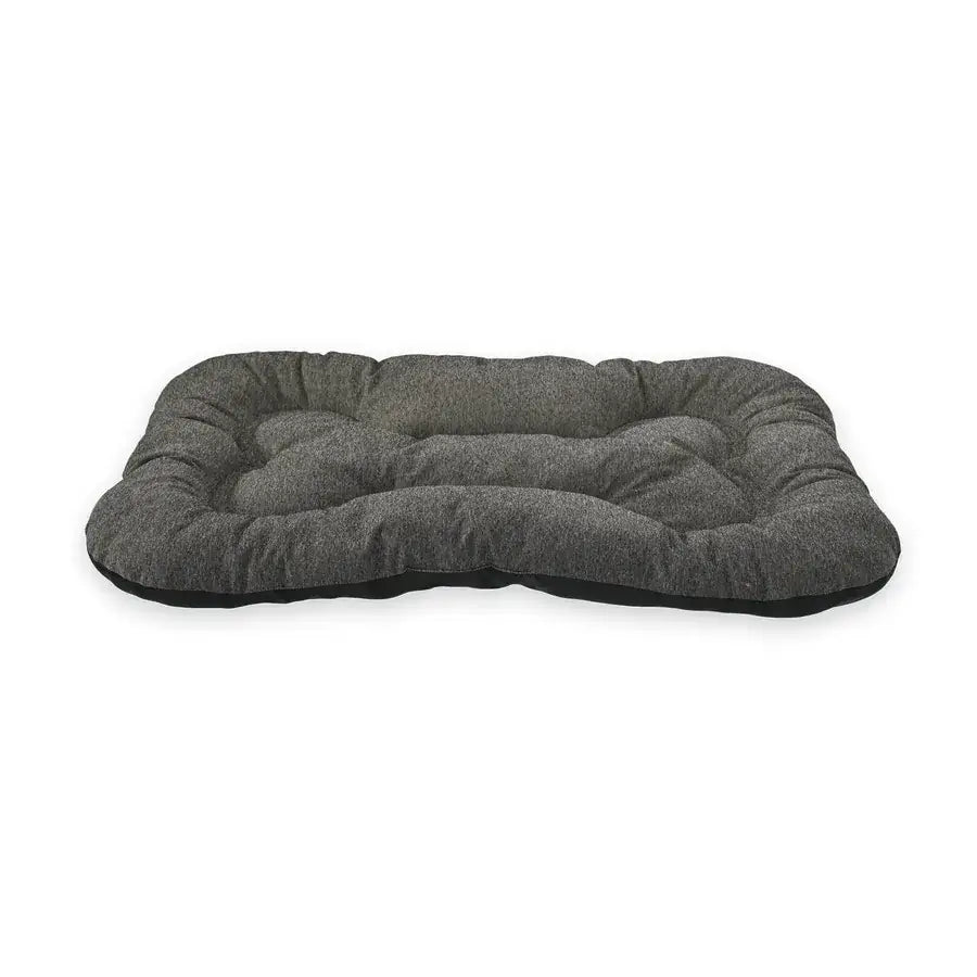 Grey linen-look plush dog bed cushion with thick filling and non-slip base