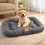 Front view of grey linen-look plush dog bed cushion with thick filling