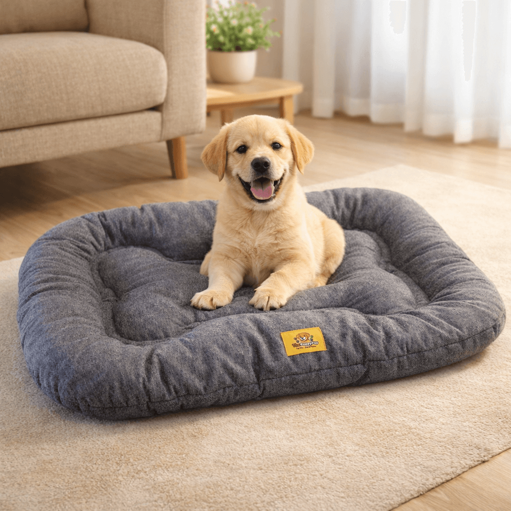 Front view of grey linen-look plush dog bed cushion with thick filling