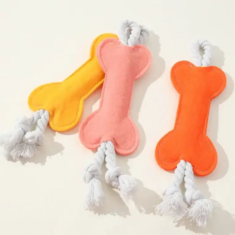 Close-up of rope and felt molar chew toy for puppy teething
