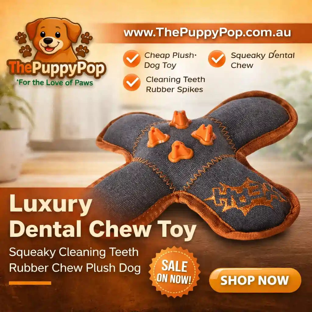 Side angle of rubber and plush squeaky dog toy for teeth cleaning