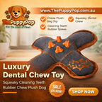 Side angle of rubber and plush squeaky dog toy for teeth cleaning