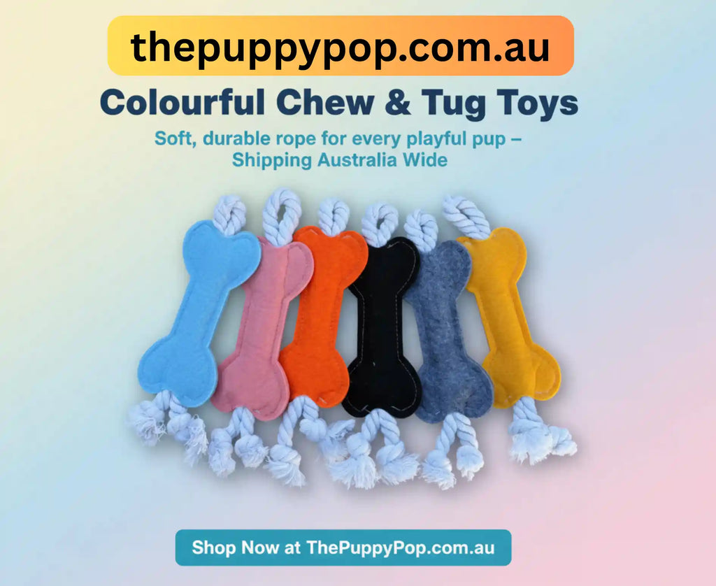 Rope and felt puppy teething toy shown in hand for size reference