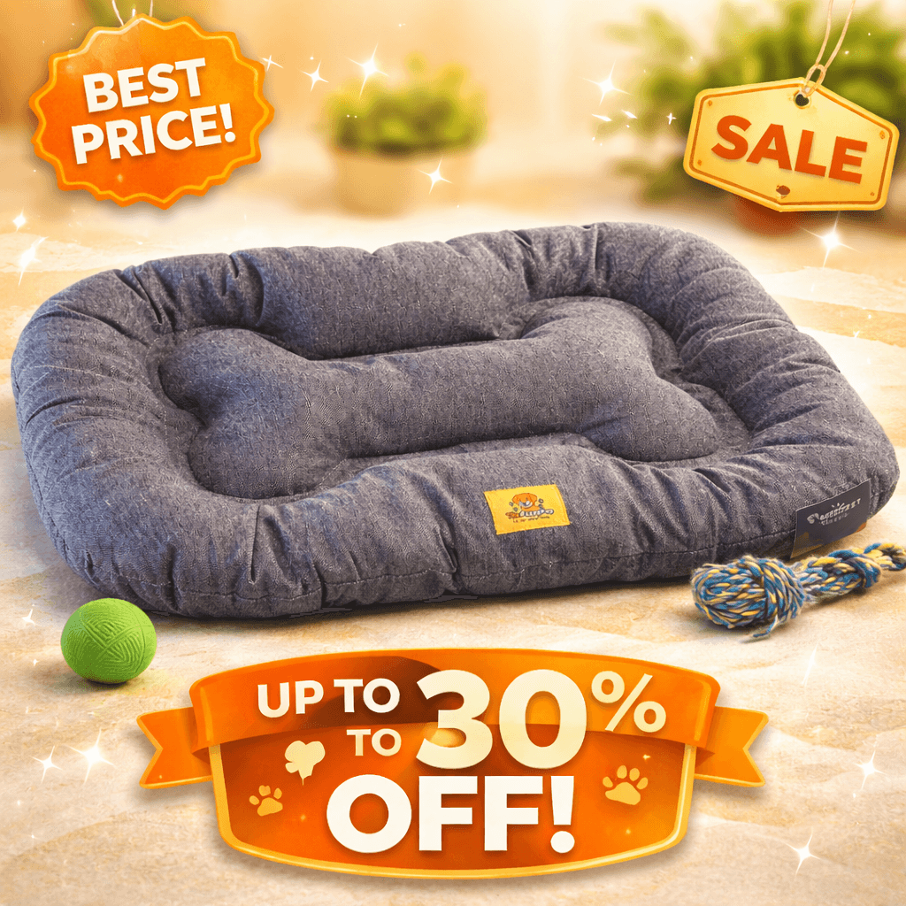 Close-up of thick plush filling and soft linen-look fabric on dog bed